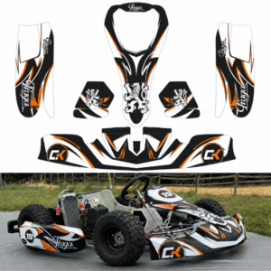 Kit déco CrossKart by Lovenie pour châssis Praga, finition noir, blanc et orange avec logo CK, adapté aux pneus tout-terrain et au style rallye-cross.